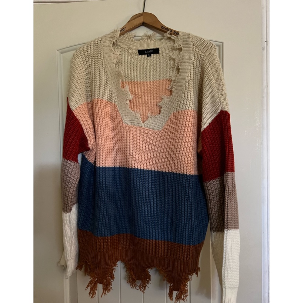 Distressed oversize comfy block colored sweater